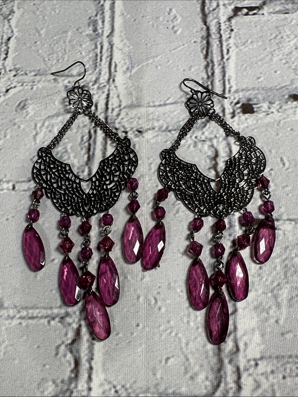 Women's Filigree Chandelier Earrings with Purple Silver Crystal Drops Gothic